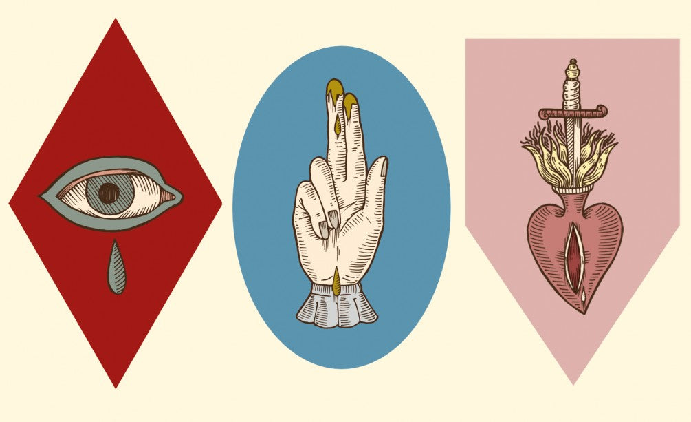 Illustrazione disegnata da Elisa Seitzinger raffigurante un occhio con lacrima in rappresentazione di Anna Karenina, una mano con due dita sollevate color oro in segno di benedizione a raffigurare Madame Bovary e un cuore sacro simboleggia Lady Chatterly